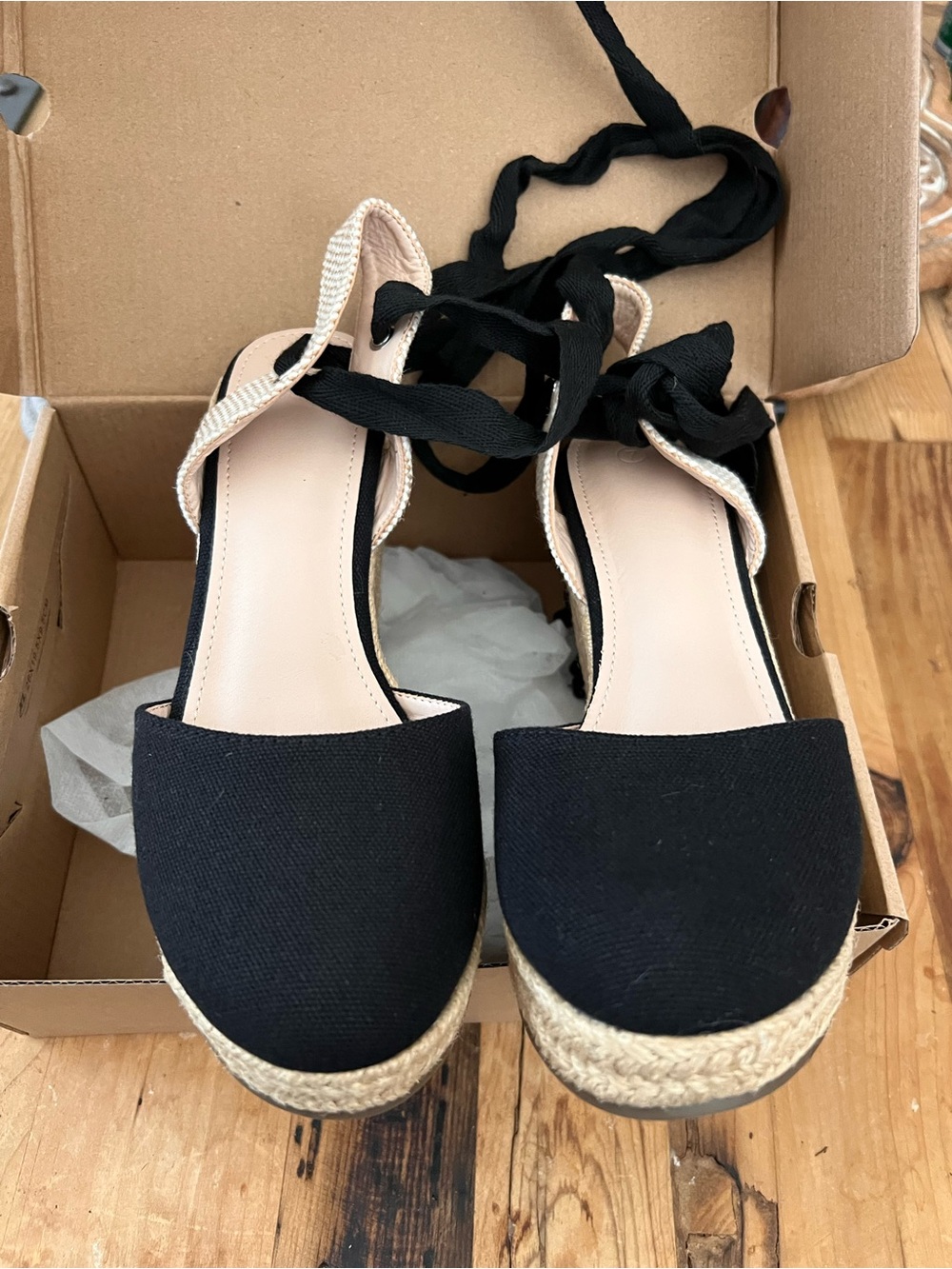 Black Espadrille Wedge Sandals with Ankle Wraps - Women's